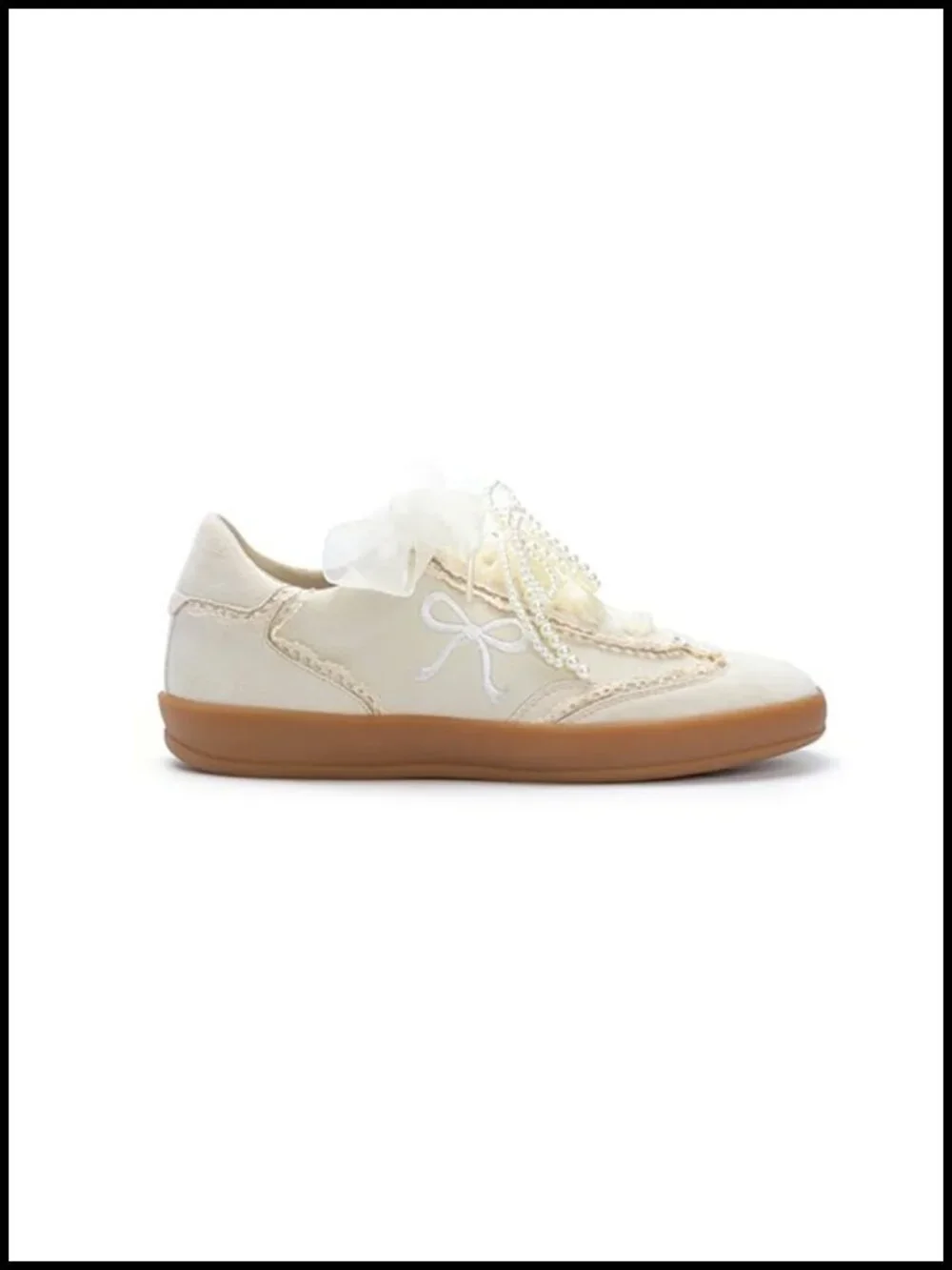 Vegan Leather Pearl Organza Ribbon Vintage Sneakers Low Top Lace-Up Fashion
